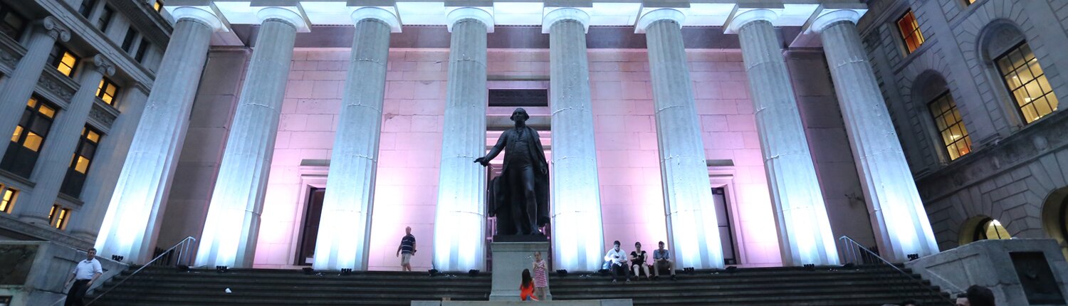 Federal Hall entrance at dusk